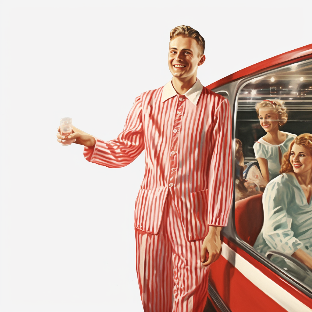 En mand iført en iøjnefaldende rød stribet pyjamas står med selvsikkerhed og afslapning. To kvinder  i en bil i baggrunden og kigger ud med beundring og smil på deres ansigter, som om de værdsætter mandens stil og valg af tøj