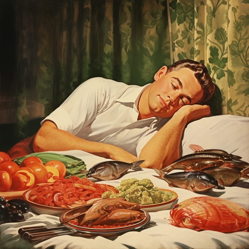 En mand ligger og sover fredeligt, men i sengen er der friske råvarer fra fisk og grøntsager. Et levende eksempel på, hvorfor det er bedst ikke at gå sulten i seng – med sunde valg kan du sove godt og vågne op til energi og velvære.