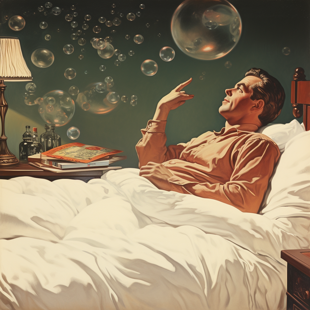 En mand ligger i sin hvide seng og ser ud til at poppe en boble, der svæver op i rummet. En drømmeverden, hvor selv bobler er legende og magiske